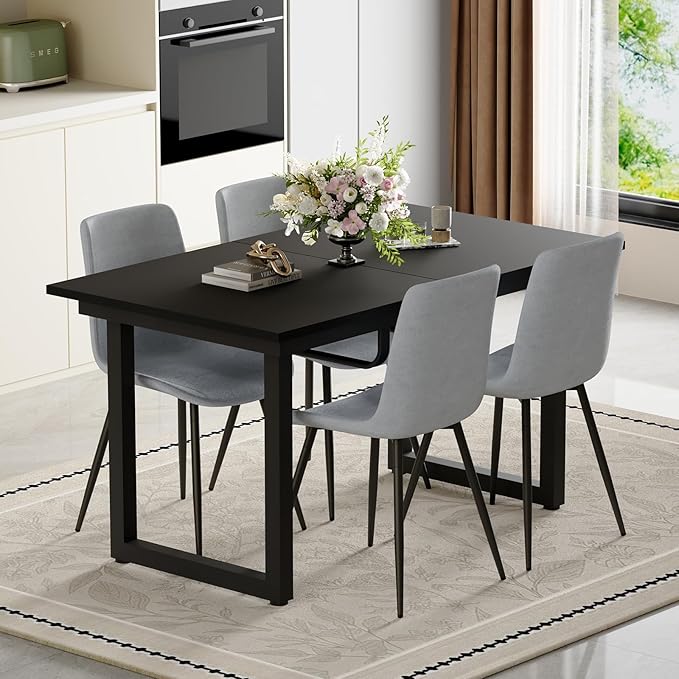 Extendable Dining Table Set for 6, 55"–71" Modern Black Kitchen Table with 6 Upholstered Chairs, Space-Saving for Living Room Apartment, Sturdy & Comfortable, Easy Assembly