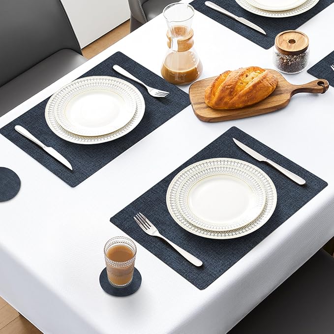 MOSAYT Placemats Set of 8, Heat Resistant Vinyl Place Mats with Coasters, Wipeable Washable 100% Waterproof Oil Proof Faux Leather Table Mats for Kitchen Dining Party Outdoor, 12" x 17", Navy Blue