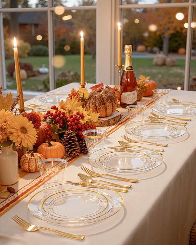 bUCLA 300Pcs Clear Gold Plastic Disposable Dinnerware Set - Clear Plates with Gold Trim Include 50 Dinner / 50 Dessert Plates,50 Cups,150 Plastic Silverware Set for Party