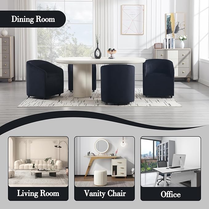 Modern Barrel Dining Chairs with Rolling Casters Set of 4, Upholstered Velvet Swivel Dining Room Chairs with Wheels for Kitchen Living Room Home Office, Black
