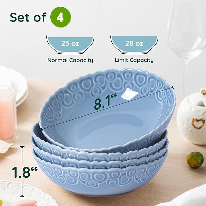 HOMBENE Heartbeat Pasta Bowls Set of 4, 28oz Salad Bowls Soup Bowl for Kitchen, Porcelain Wide and Shallow, Noodle, Soup, Pasta,Dinner, Microwave & Dishwasher Safe (Celestial Blue)