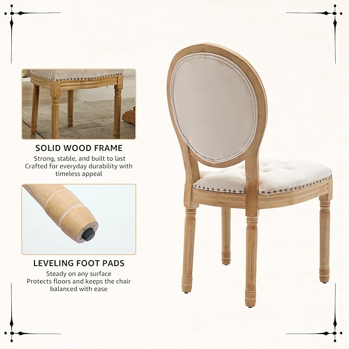 Vintage French Dining Chairs Set of 4, Round Back Velvet Upholstered Accent Chairs with Nailhead Trim and Solid Wood Frame, Elegant Sillas de Comedor for Dining Room & Kitchen, Beige