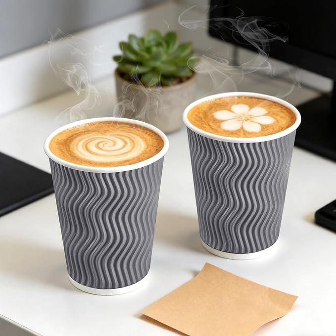 500 Pack 12 oz Coffee Cups with Lids, Disposable Insulated Hot Cups To Go Paper Coffee Cups, Corrugated Ripple Wall Cup for Hot Drink, Office, Coffee Bar (Grey 12 oz)