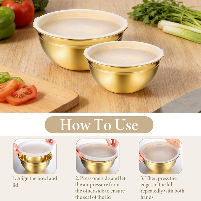 5 Pack Gold Mixing Bowls with Airtight Lids, Stainless Steel Mixing Bowl Set with Colander, Gold Nested Bowl, Metal Nesting Organizers, for Baking Prepping and Serving Food, Size 1.5, 2.0, 2.5, 4.0 Qt