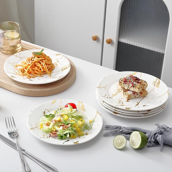Modern 6-Piece Dinner Plate Set, 10-Inch White Marble Ceramic Plates with Gold Rim, Elegant Appetizer Salad Dessert Plates for Everyday Dining & Party.