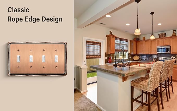 Henne Bery Rope Edge Decorative Wall Plate Switch Plate Outlet Cover (Quad Toggle, Antique Copper)