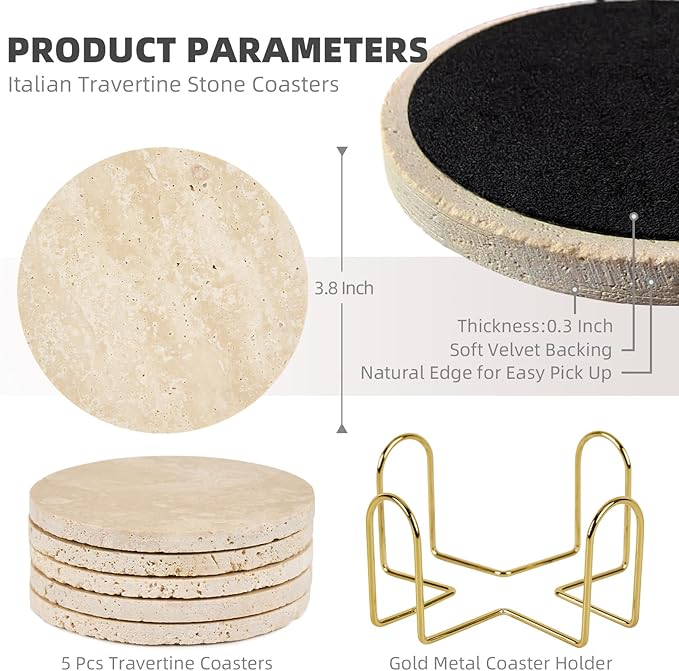 Italian Travertine Coasters Set of 5 with Holder, Round Beige Marble Drink Coasters for Coffee Table Decor Housewarming Gift, Unique Natural Stone Absorbent Coaster for Surface Protection