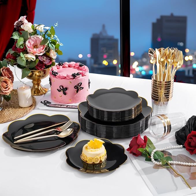 EI 180pcs Black Plastic Plates with Gold Plastic Silverware,Black and Gold Plates Disposable,Heavy Duty Plate for Party,Wedding,Anniversary,Spring Afternoon Tea Business Event