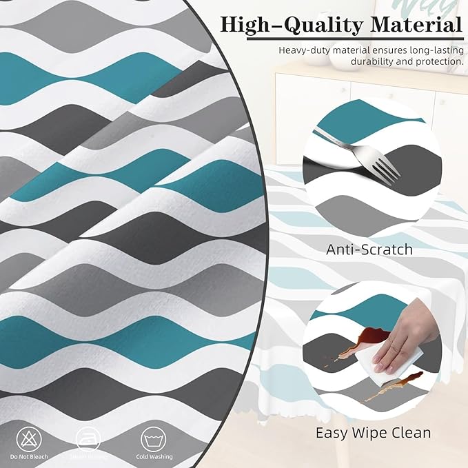 Laeacco 60 Inch Geometric Round Tablecloth Blue and Grey Waved Stripes Modern Abstract Art Print Table Cloth Washable Waterproof Wrinkle Free Table Cover for Kitchen Dining Picnic Party Decoration