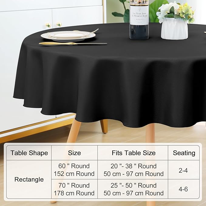 Smiry 4 Pack Round Table Cloth, Waterproof Anti-Scratch Polyester Tablecloth, Decorative Washable Fabric Table Cover for Dining, Buffet, Parties and Outdoor, 60x60, Black