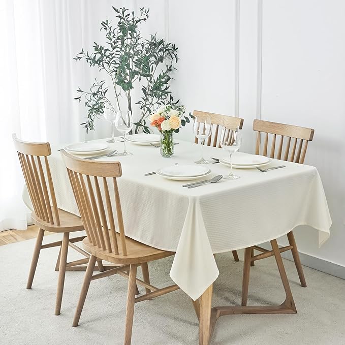 maxmill Weaved Texture Tablecloth Water Resistance Antiwrinkle Spillproof Soft Washable Table Cloth for Dining Room, Buffet Banquet Parties Holiday Dinner, Rectangular 70 x 108 Inch, Ivory