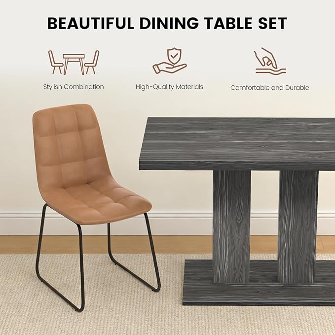 Modern 5-Piece Dining Table Set for 4, 46" Pedestal Dining Table with 4 Leather Chairs, Small Space Saving Kitchen Table Set, Grey Wood Finish Rectangular Table for Dining Room & Apartment