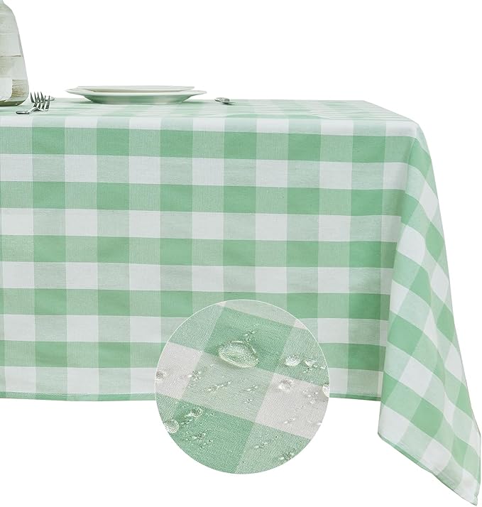 BALCONY & FALCON Rectangle Gingham Table Cloth – Water-Resistant Cotton Blend Washable Checkered Tablecloth for St. Patrick's Day, Outdoor Picnic, Camping, Kitchen (Green White, 55x71 Inch)
