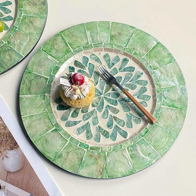 i-lan 2Pack 13" Mother of Pearl Decorative Charger Plates Display,Sea Shell Inlay Wood Charger Plates for Dining, Party,Diner Table Modern Decorative Placemats for Home Decor,Blue-green Leaf