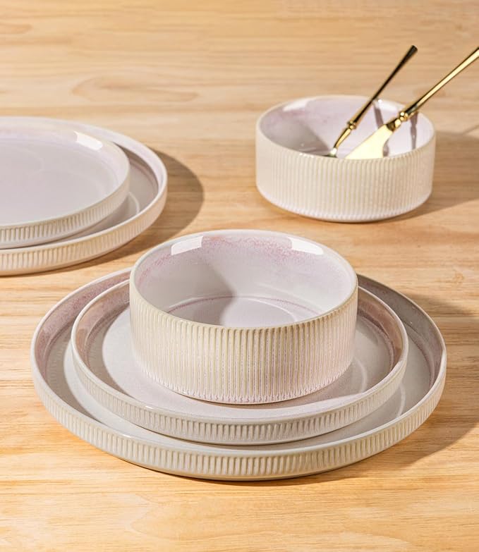 TheTerra Ceramic Dinnerware Sets for 6, 18 Pieces Porcelain Lightweight Plates and Bowls Sets, Scratch Resistant Dish Set, Oven & Microwave & Dishwasher Safe, Primrose Pink