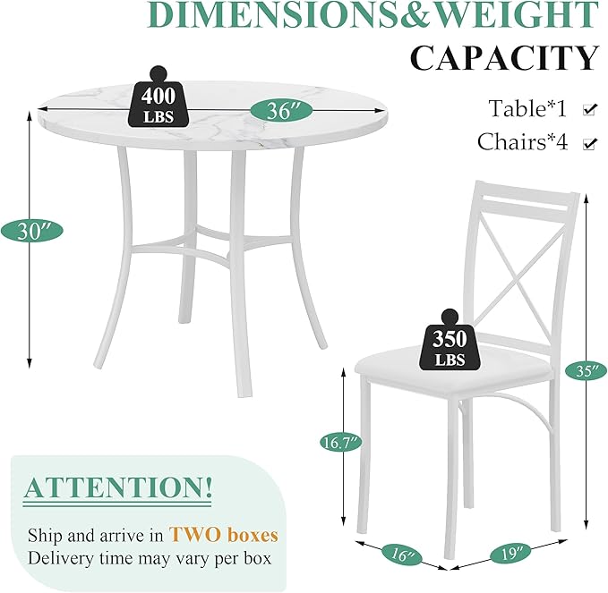 VECELO 5 Piece Dining Table Set for 4, Faux Marble Dinette with Chairs for Kitchen, Breakfast Nook, Small Space, Off White