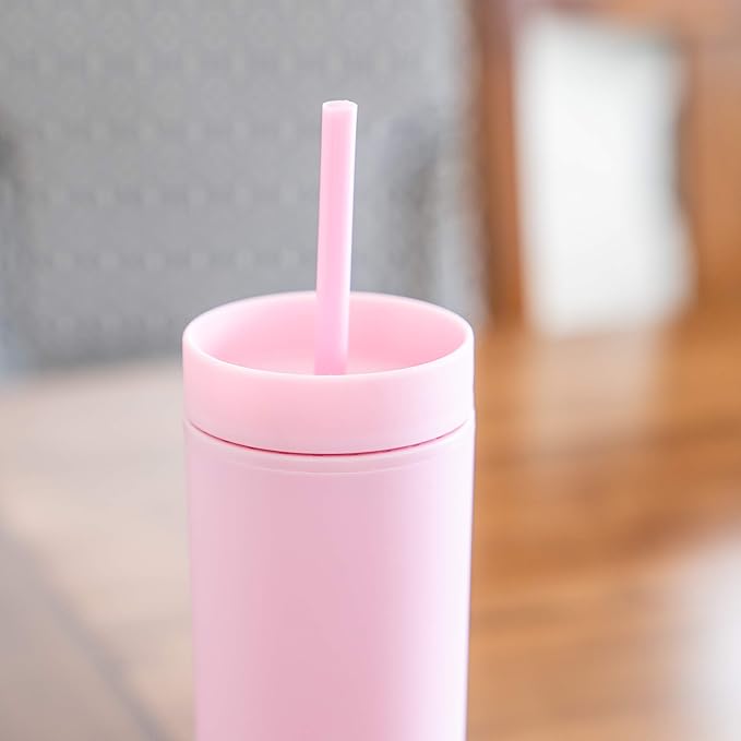 STRATA CUPS Multicolor Skinny Tumblers with Lids and Straws (12 pack) - 16oz Double Wall Acrylic Tumbler, Tall Matte Skinny Tumblers, Bulk with Free Straw Cleaner, Reusable Cups