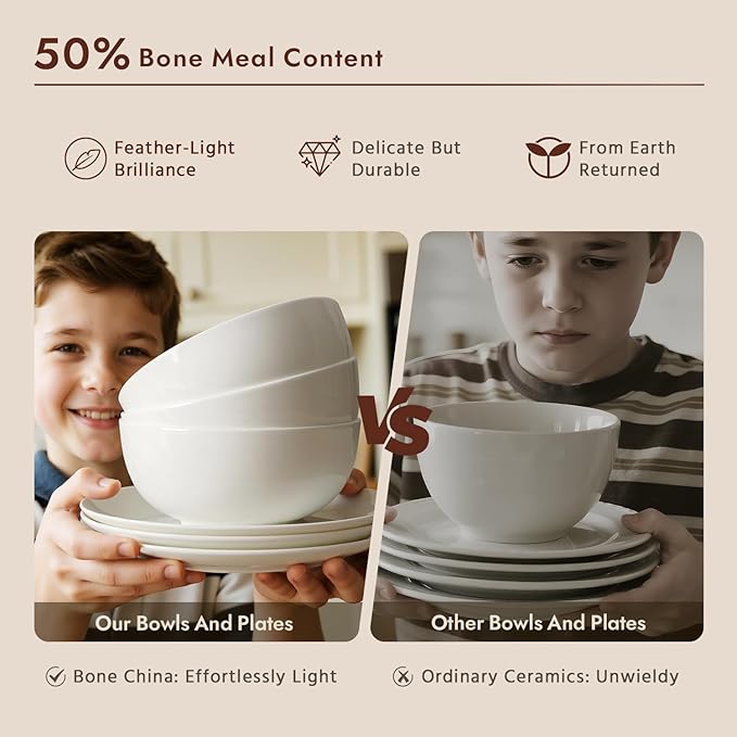 KINGSTONE Bone China Dinnerware Sets, 18-Piece Dinnerware Set for 6, Lightweight Durable, Microwave and Dishwasher Safe, Tableware for Daily Use with Elegant Design, White