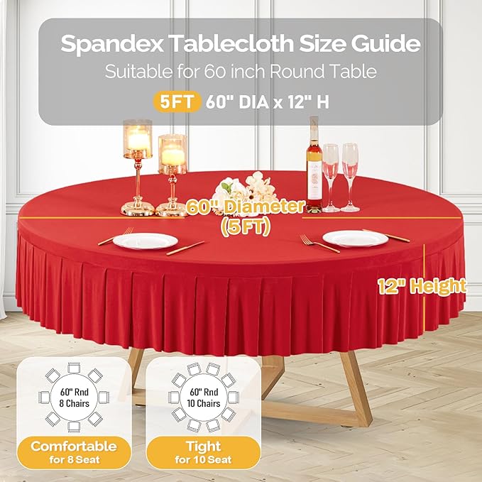 2 Pack Red Spandex Round Tablecloths for 60 inch Table - Stretchy Fitted 5FT Table Cloths with Skirt - Wrinkle Free for Wedding Party Dining Banquet