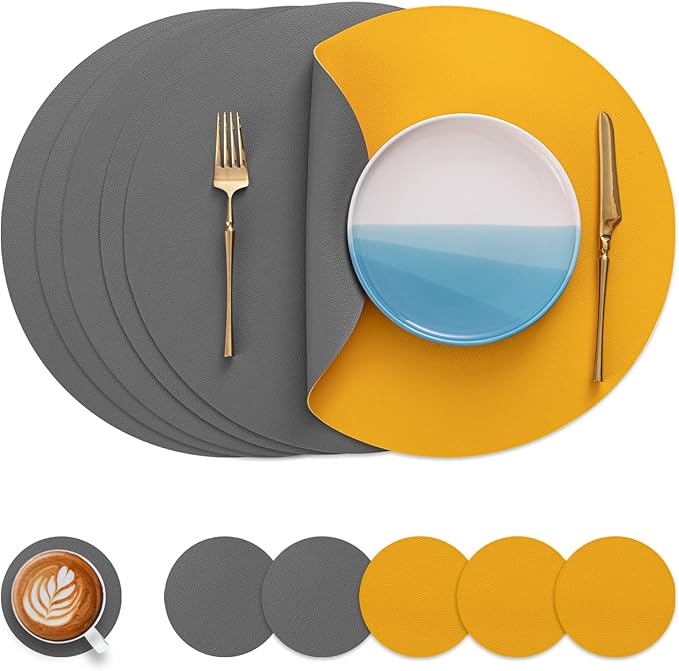 Myir JUN Round Placemats Set of 6 Faux Leather Place Mats and Coasters 15 inch Round Table Mats Dual Sided Non-Slip Stain Resistant Placemats (Gray & Yellow, Set of 6)