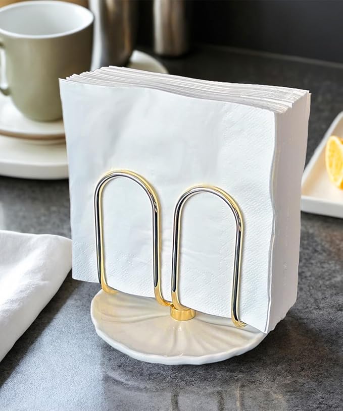 VROOMIUM Napkin Holder for Table, Ceramic Base Effortless Cleaning, 1 lb Weight, Gold Napkin Holders for Paper Napkins, Servilleteros para Mesas