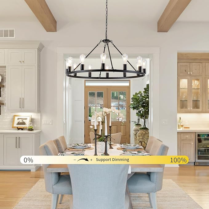 12-Light Wagon Wheel Chandelier, Farmhouse Dining Room Light Fixture, Black Round Rustic Chandeliers, Vintage Ceiling Hanging Pendant Light Fixture for Living Dining Room Bedroom Kitchen Foyer