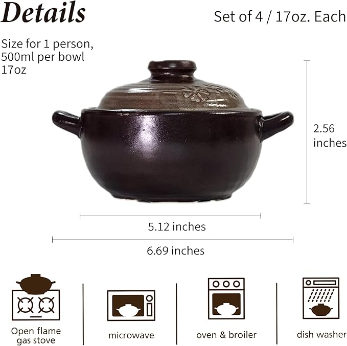 – 4-Pack Korean Clay Pots (17oz / 500ml) with Lids & Handles – Ttukbaegi Stone Bowls for Cooking Bibimbap, Donabe Style Korean Clay Cookware – Oven & Stovetop Safe