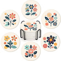 Boho Set of 6 Coasters for Drinks Absorbing Round Ceramic Stone Coaster with Cork Base,Tabletop Protection Mat for Mugs and Cups,Office,Kitchen (Boho Flower)