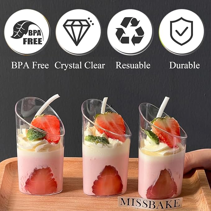 25 Pack Plastic Dessert Cups with Spoons, 3 oz Clear Mini Parfait Appetizer Cups, Reusable Slanted Triangle Shooter Serving bowls for Tasting, Small Dessert Shot Glasses