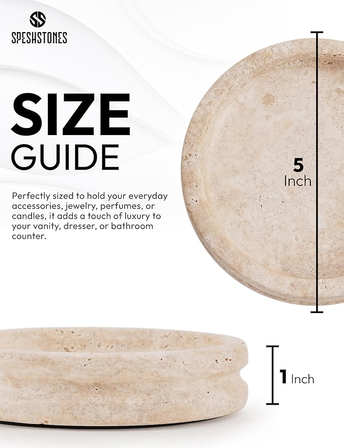 Marble Jewelry Dish 5 Inch Handmade Travertine Ring Holder - Trinket Tray for Vanity & Aesthetic Room Decor, Stone Key Bowl & Candle Plate for Entryway Table,