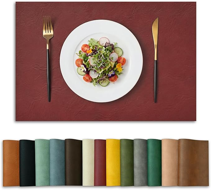 Artoid Mode Red Faux Leather Placemats Set of 6, 12x18 Inch Waterproof Wipeable Heat Resistant Vinyl Place Mats, Reversible Table Mats for Christmas Kitchen Dining Decor
