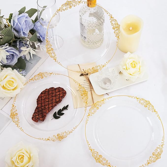 Morejoy 100 Pieces Gold Plastic Plates - Clear Gold Disposable Plates - 10.25inch Clear Plastic Dinner Plates With Gold Rim for Weddings & Parties & Shower