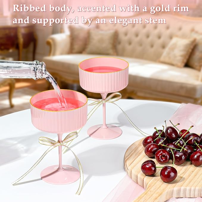 XUWAIDSGN 24 Pcs Champagne Martini Glasses 9 Oz with Gilded Removable Gold Rim Coupe Glasses Pink Martini Glasses Plastic Mimosa Vintage Coupe Glasses Set For Wedding Anniversary (24, Solid Pink)