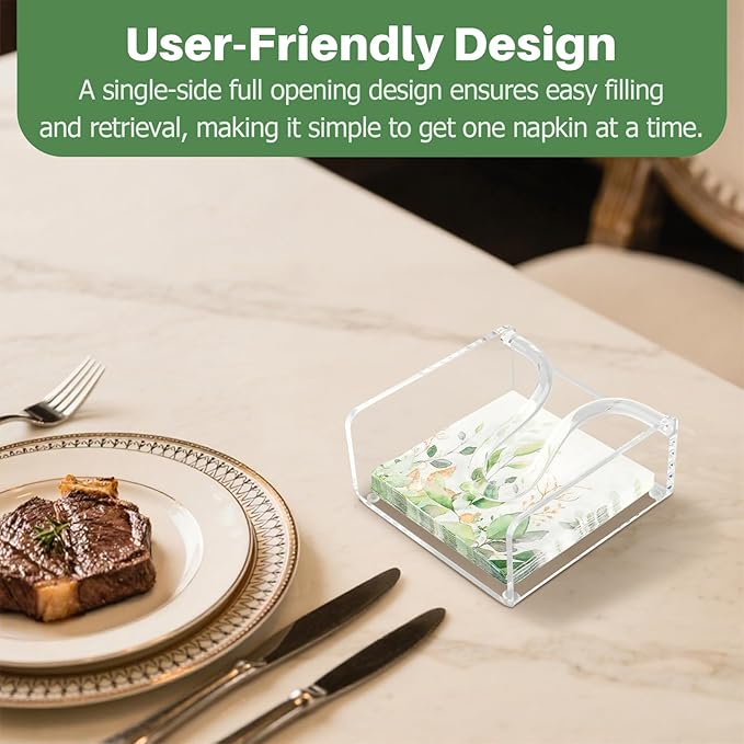 Acrylic Cocktail Napkin Holder, 5.5"x5.5" Clear Square with Weighted Arm & Non-Slip Base, Sleek & Stable Flat Napkin Holder for Bar Cafe Restaurant Kitchen Dining Table