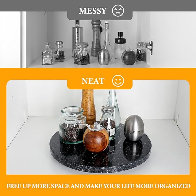 Koville 12'' Black Marble Lazy Susan Marble Turntable for Kitchen Dinning, Granite Lazy Susans Organizer for Cabinet, Serving Rotation Spinning Tabletop Organizer Swiveling, Spice Rack Storage