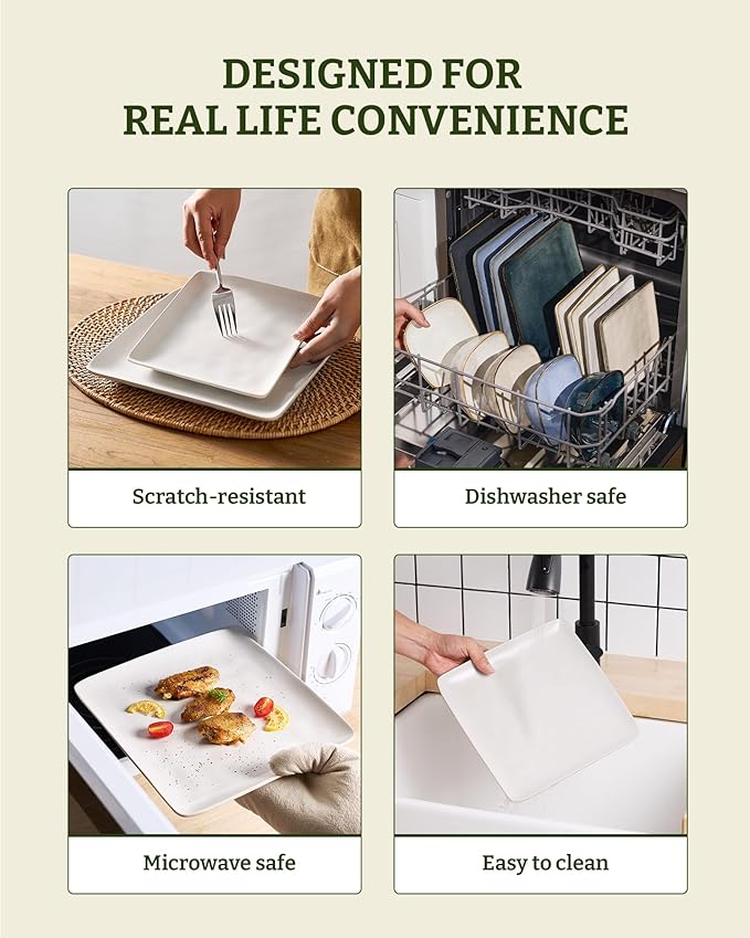 Famiware Dinnerware Sets for 4, Ocean Square 12-Piece Kitchen Plates and Bowls Sets, Microwave and Dishwasher Safe, Scratch Resistant, Matte White