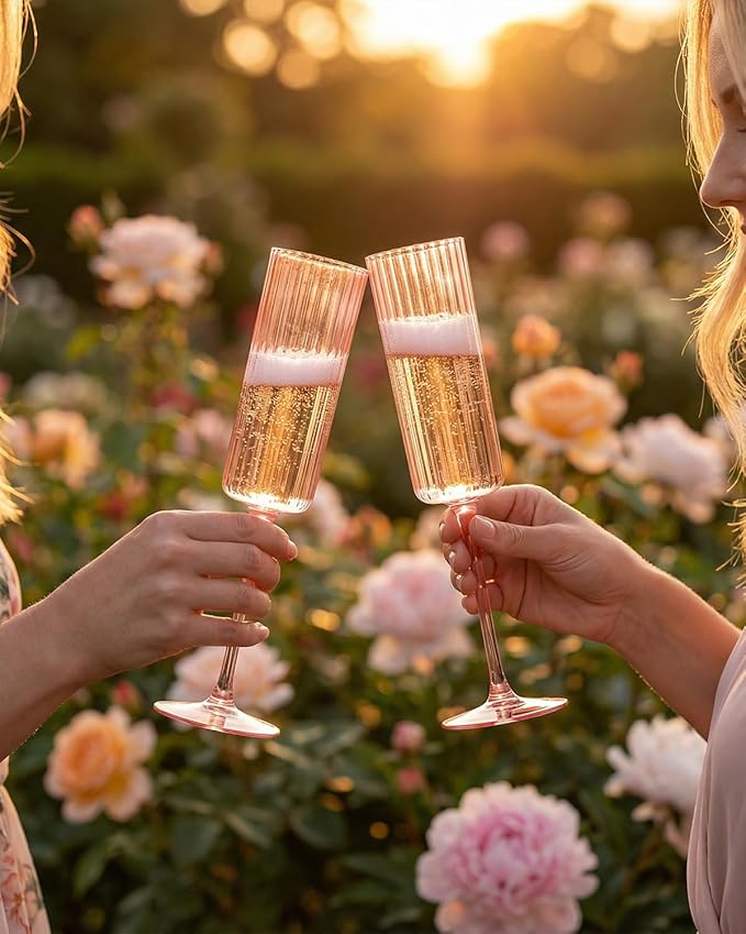 Ciaell 24 Pack Pink Plastic Champagne Flutes - 6oz Ribbed Disposable Champagne Glasses - Pink Vintage Mimosa Glasses with Long Stem, Elegant & Lightweight for Weddings and Party