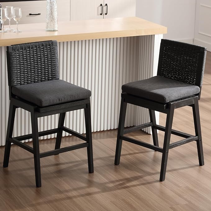 Carbon Black Bar Stools Set of 2, 27.3 Inch Counter Height Stools Upholstered Linen Armless Bar Chairs with Woven Rope Backrest Wooden Legs for Kitchen Island Dining Room