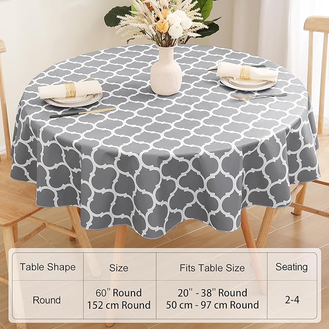 Smiry Round Plastic Table Cloth, Waterproof Vinyl Tablecloth with Flannel Backing for Round Tables, Wipeable & Spillproof for Dining, Camping, Indoor and Outdoor (60" Round, Grey)