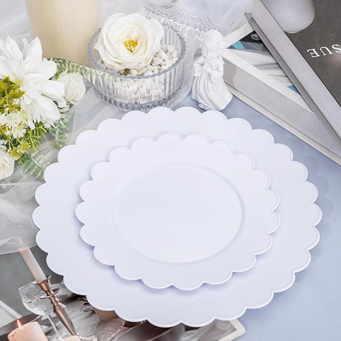 SUT 72-Pack 10.25 Inch White Heavy Duty Plastic Dinner Plates, Disposable Plates, Scallop Plates for Parties, Events, and Occasions