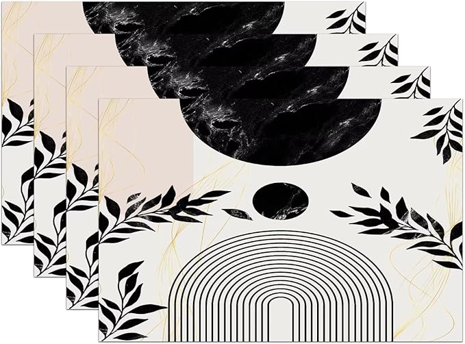 Boho Mid Century Leaf Placemats,Arch Sun Design,Minimalistic Leaves Pattern Luxurious Washable Place Mats 12x18Inch for Dining Kitchen Farmhouse Decor 4 PCS