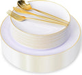 I00000 150PCS White and Gold Plastic Plates with Disposable Silverware for 30 Guests,Nice Disposable Plates,White Plastic Plates Set Include 30 Dinner Plate,30 Dessert Plate,90 Gold Cutlery for Party