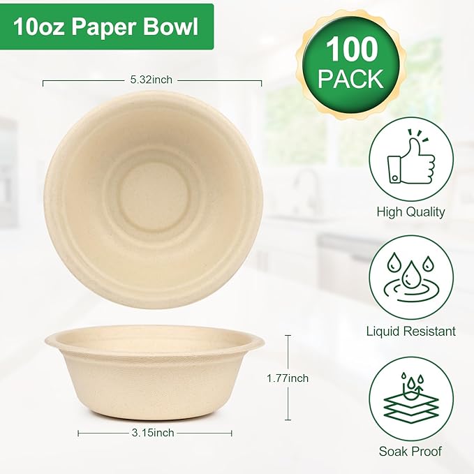 Paper Bowls 10 oz, 100 Pack Small Disposable Bowls, Heavy Duty Paper Bowls for Hot Soup, Salad, Dessert, 100% Compostable Biodegradable Microwavable Safe