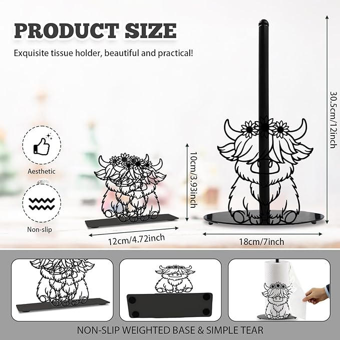 Highland Cow Paper Towel Holder Countertop Kitchen Decor Indoor with Round Base, Iron Rustic Highland Cow Napkin Holder Stand Accessories for Bathroom Kitchen Dining Farmhouse, 2 PCS