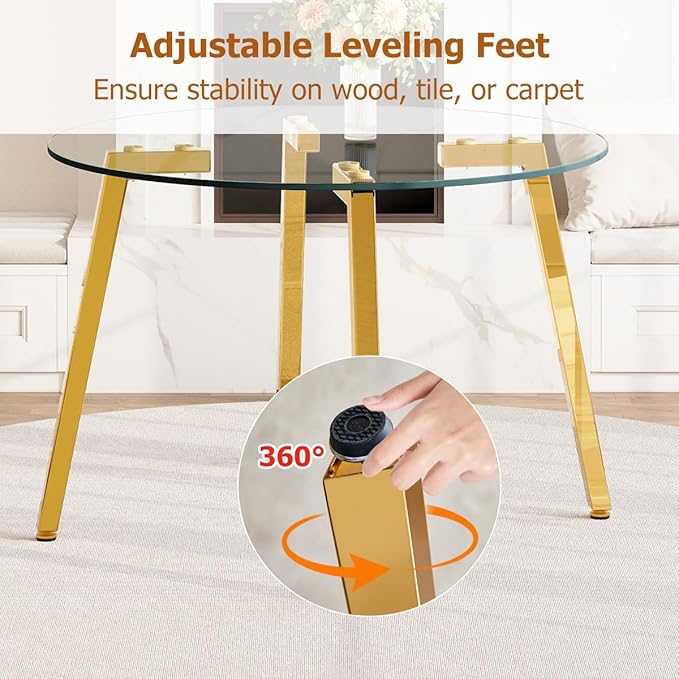 42" Round Glass Dining Table Set for 4,Modern Breakfast Table Set for 4 with Luxury Gold Chrome Legs,Space Saving Kitchen Table and Grey Chairs for Apartment,Easy Assembly