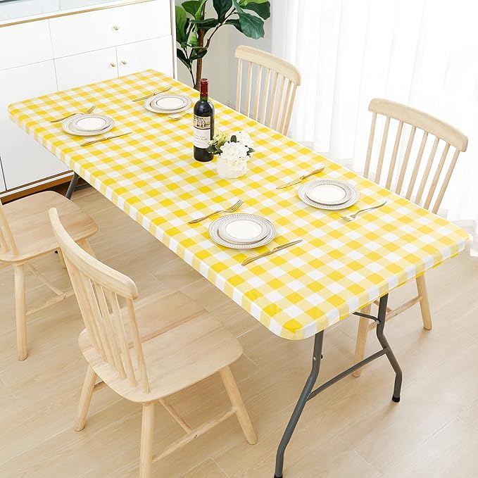 Smiry Rectangle Picnic Table Cloth, Elastic Waterproof Fitted Vinyl Tablecloths, Flannel Backed Buffalo Plaid Table Covers for Dining, Camping, Outdoor (White and Yellow, 24" x 48")