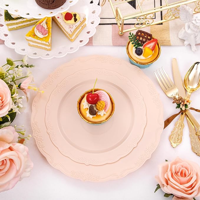 DaYammi 150Pcs Pink Plastic Plates & Gold Plastic Silverware,Pink Disposable Plates for Party Include 30 Dinner Plate,30 Dessert Plate,30 Gold Forks and 30 Spoons, 30 Knives for Wedding Bridal Shower