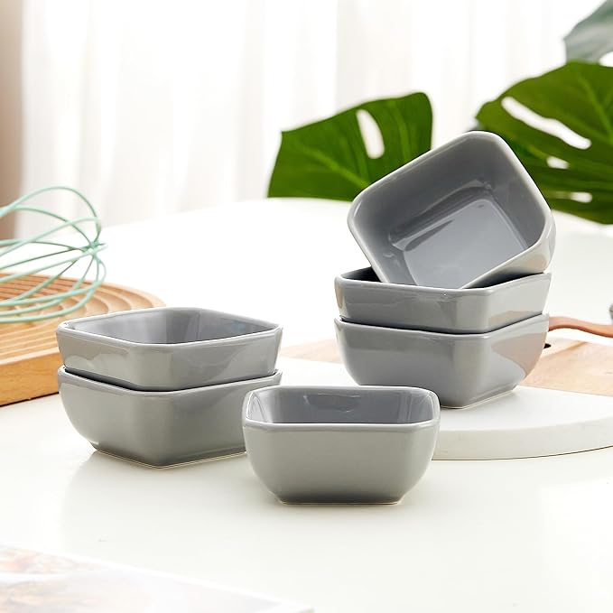 Ceramic Dipping Bowls Set of 6,3 Ounce Porcelain Small Mini Dip Bowl Square Soy Sauce Dish - Good for Tomato Sauce, Sushi Soy, BBQ,Charcuterie Board(Grey)