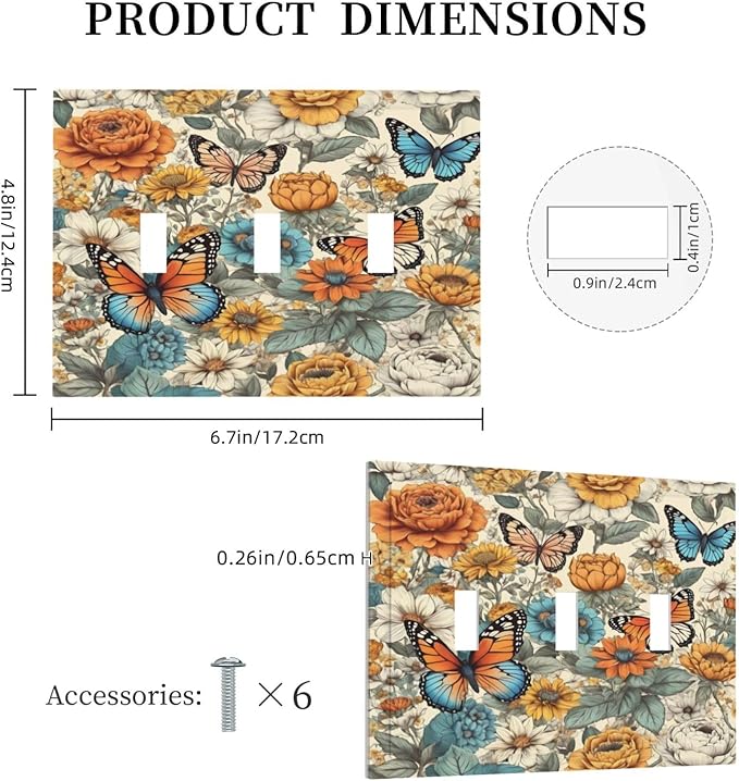 Light Switch Cover Vintage Colorful Floral Butterfly Flowers 3 Gang Wall Plate Triple Light Switch Plate Toggle Decorative Outlet Covers Electrical Switchplate for Bathroom Bedroom Decor