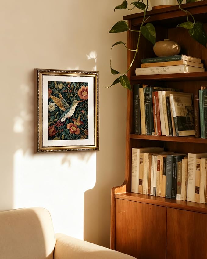 InSimSea Gold Picture Framed Wall Art, Living Room Vintage Moody Hummingbird Wall Decor, William Morris Botanical Canvas Print Art, Home Farmhouse Decor, Antique Paintings with Frame 13x16inch